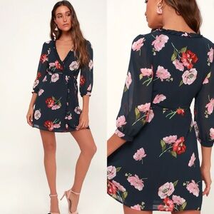 Lulu's It's a Pleasure Ruffled Wrap Dress, Navy Blue Floral, Size Medium, NWOT